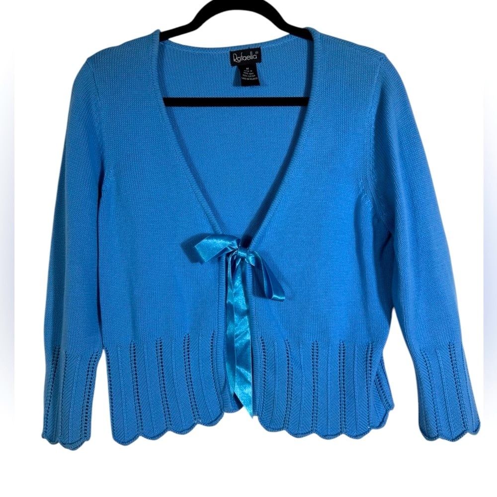 Rafaella Blue Spring Cardigan with Blue Ribbon Women's Sz M Cropped Knit Shrug